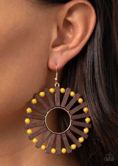 Solar Flare - Yellow Wood Bead Earrings  - Paparazzi Accessories