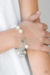 More Amour - White & Silver Beaded Heart Charm Stretchy Bracelet - Paparazzi Accessories