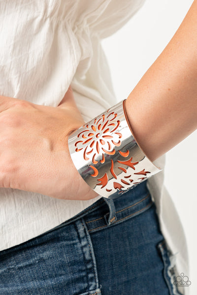 Get Your Bloom On - Orange Cuff Bracelet- Paparrazi Accessories