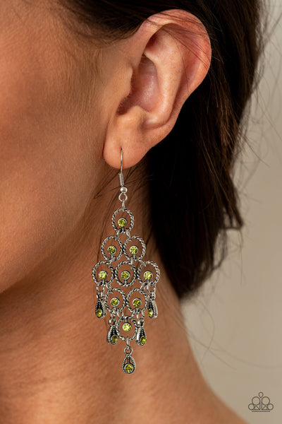 Chandelier Cameo - Green Rhinestone Earrings- Paparrazi Accessories