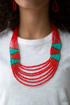Kickin It Outback - Red, Turquoise & Brass Seed Bead Necklace - Paparazzi Accessories