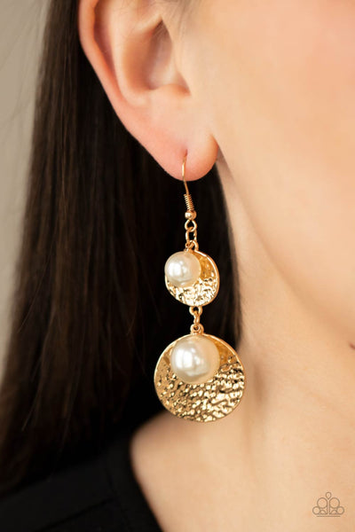 Pearl Dive - Gold Hammered Disc & Pearl Earrings- Paparrazi Accessories