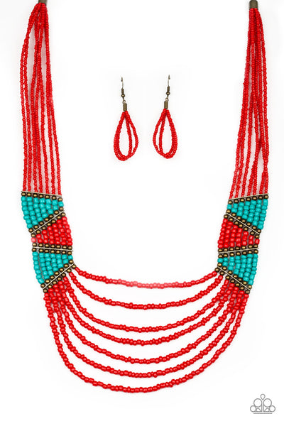Kickin It Outback - Red, Turquoise & Brass Seed Bead Necklace - Paparazzi Accessories