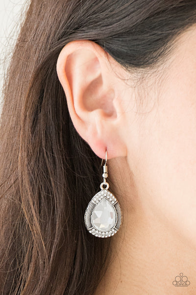 Grandmaster Shimmer   - White Teardrop Earrings  - Paparazzi Accessories