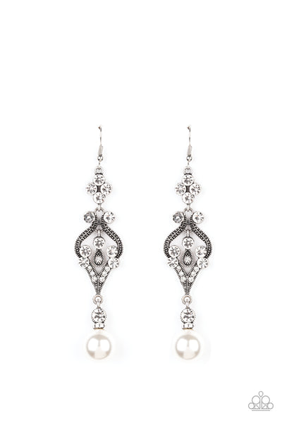 Elegantly Extravagant -  White Pearl Rhinestone Earrings - Paparazzi Accessories