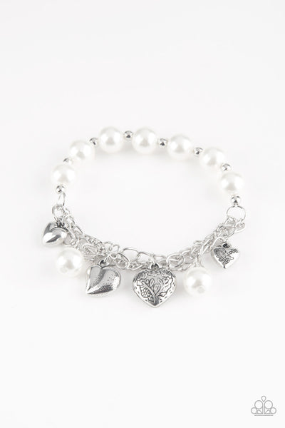 More Amour - White & Silver Beaded Heart Charm Stretchy Bracelet - Paparazzi Accessories