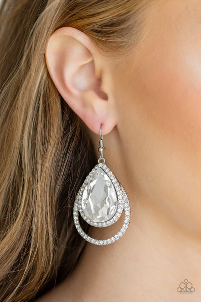 Famous  - White Teardrop Rhinestone Earrings  - Paparazzi Accessories