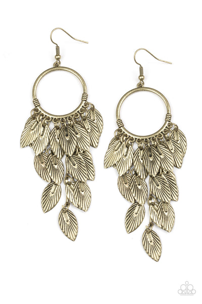 Feather Frenzy - Brass Earrings - Paparazzi Accessories