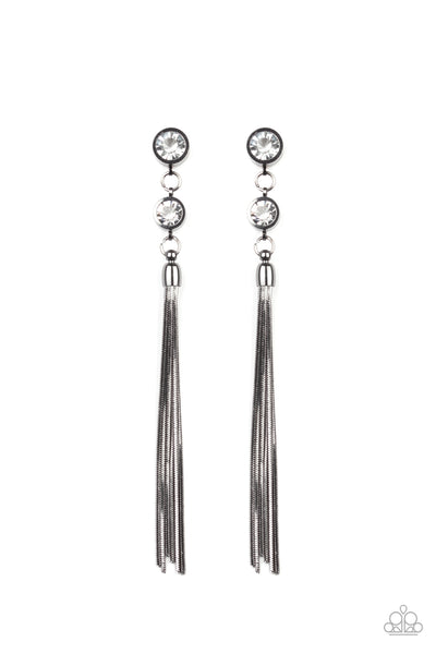 Tassel Twinkle -  Black Glassy White Rhinestone Earrings  - Paparazzi Accessories