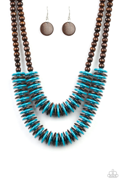 Dominican Disco -  Blue and Brown Wood Disc Necklace - Paparazzi Accessories