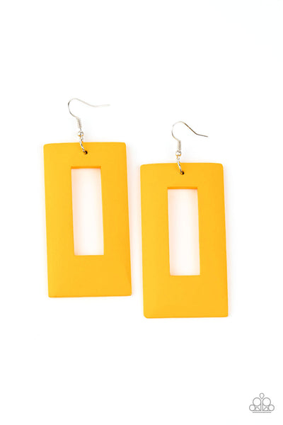 Totally Framed - Yellow Wood Earrings - Paparrazi Accessories