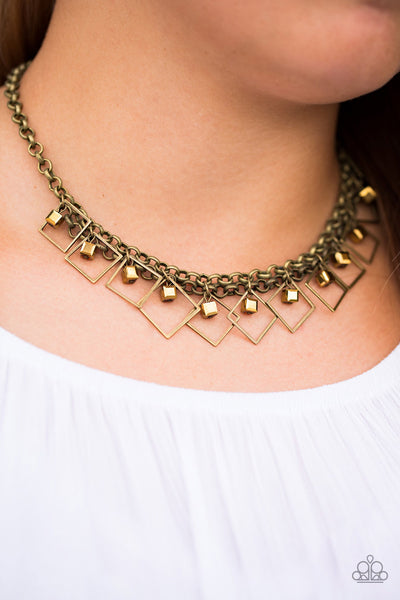 GEO Down In History- Brass Geometric Fringe Necklace - Paparazzi Accessories