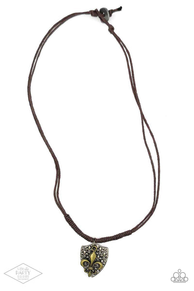 Shielded Simplicity - Brass Leather  Urban Necklace - Paparazzi Accessories